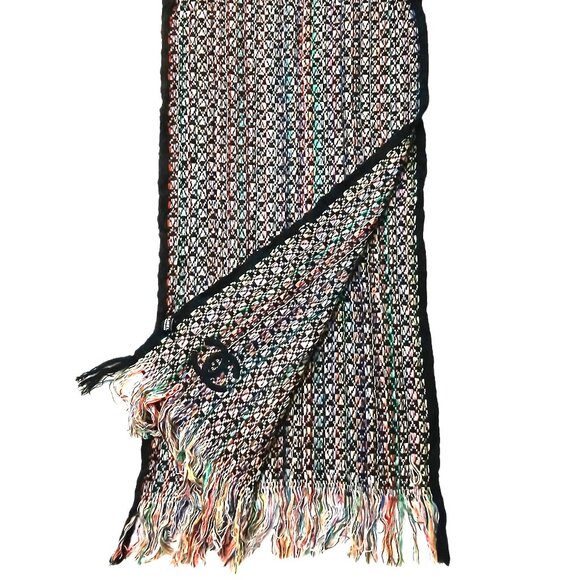 CHANEL Accessories - CHANEL Vintage Luxury Black Multi-Color Woven Fringed Cashmere Shawl Wrap Scarf